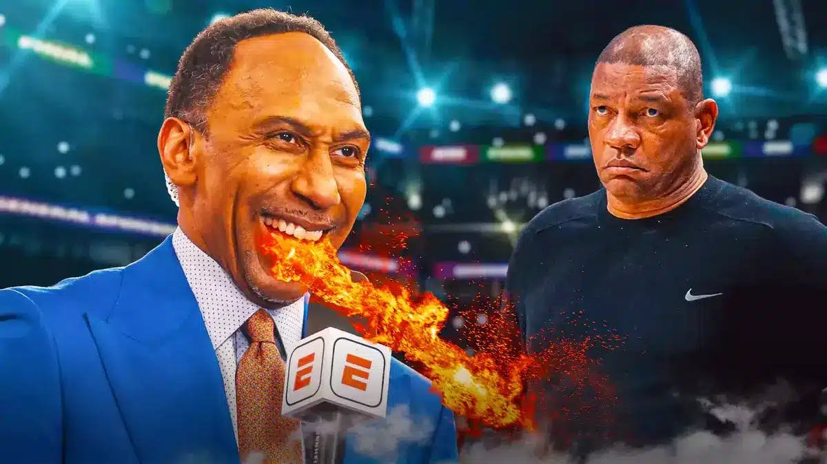 Stephen A Smith with fire coming out his mouth, Doc Rivers (Bucks head coach) looking scared/serious