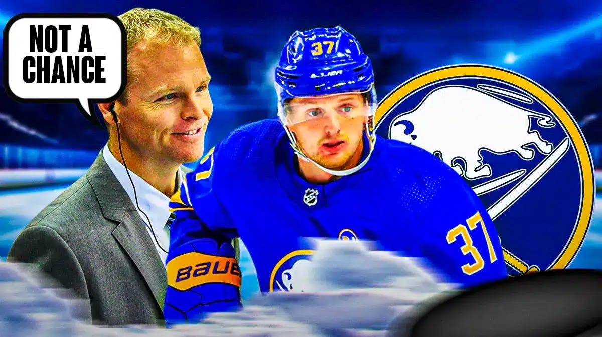 Casey Mittelstadt in middle of image looking stern, Sabres GM Kevyn Adams on one side looking stern with speech bubble: “Not a chance” , BUF Sabres logo, hockey rink in background
