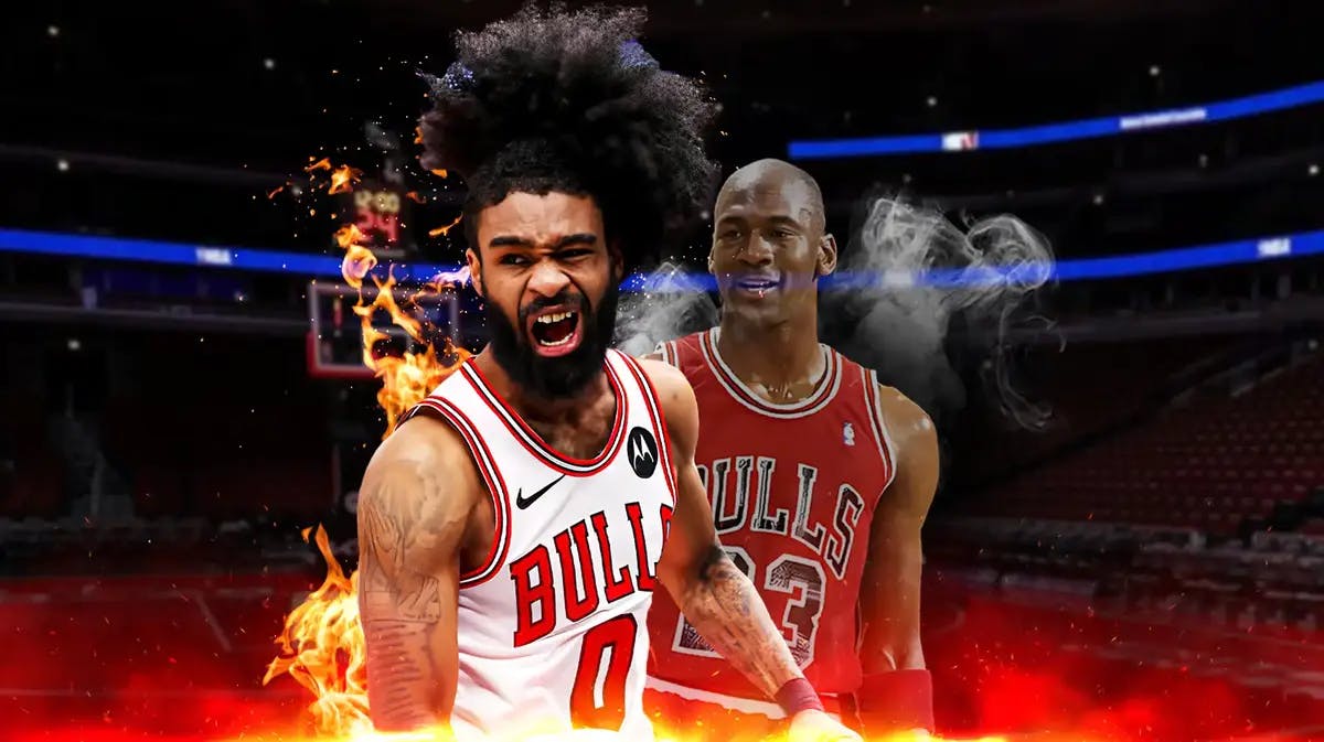 Bulls' Coby White on fire, hyped up, with 1990 Michael Jordan behind White like a spirit possessing a body