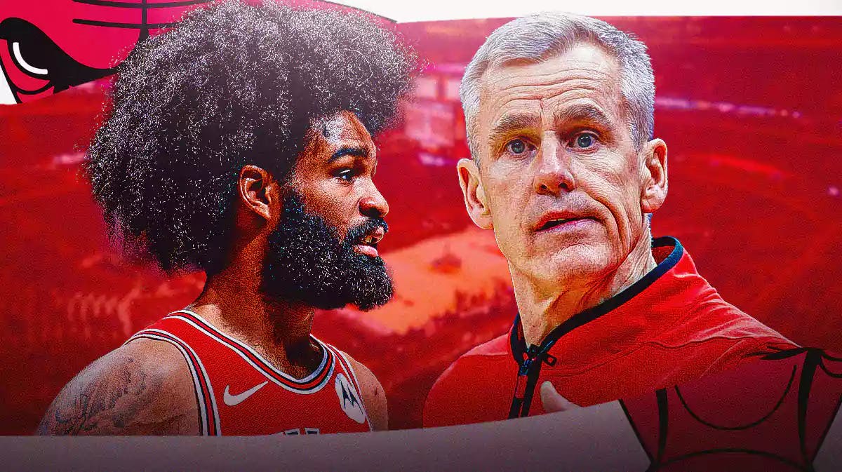 Bulls, Coby White, Coby White Bulls, Coby White Chicago, Billy Donovan, Coby White and Billy Donovan with Bulls arena in the background