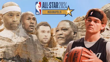 Mt Rushmore with the faces as Michael Jordan, Vince Carter, Zach LaVine and Dominique Wilkins as the heads, have Mac McClung in front and the NBA All-Star Weekend 2024 logo in the background, Bulls