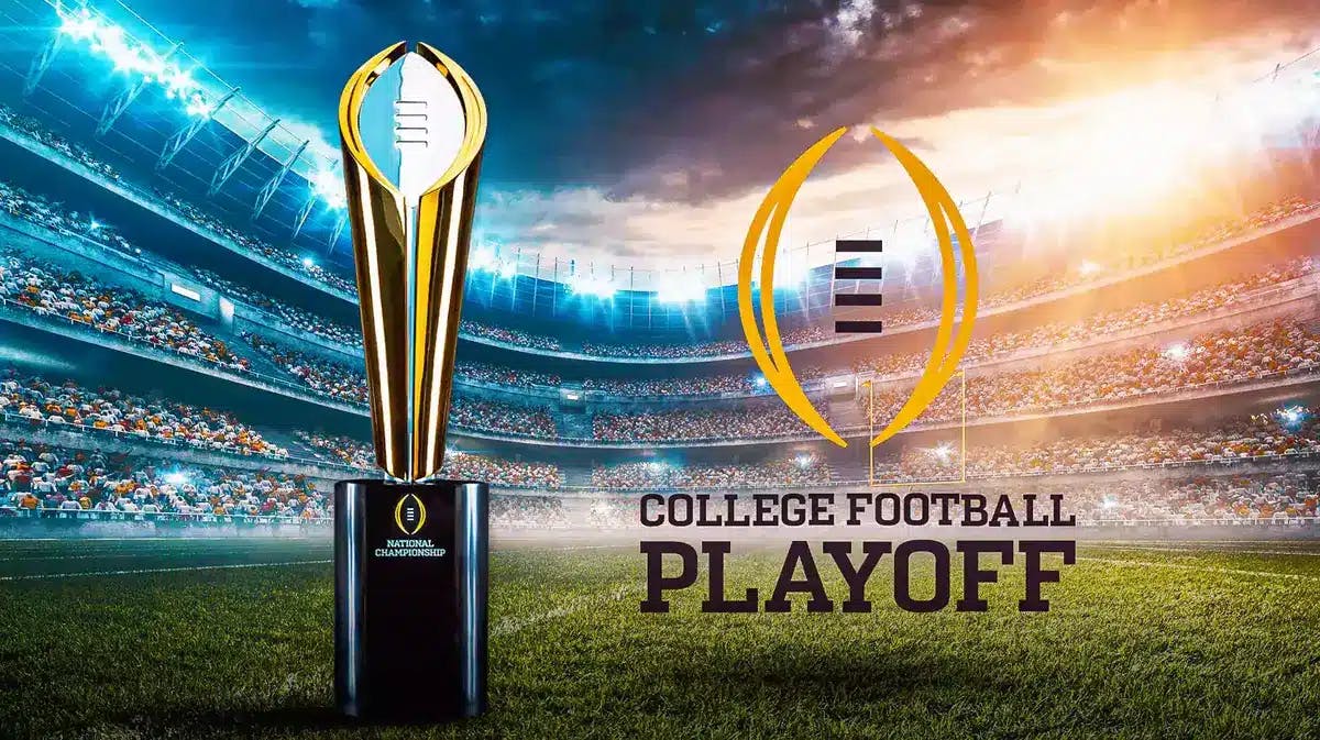 College football Playoff trophy in front of the CFP logo