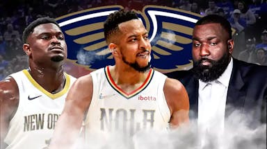 Pelicans CJ McCollum with smoke coming out of his ears next to Zion Williamson and Kendrick Perkins