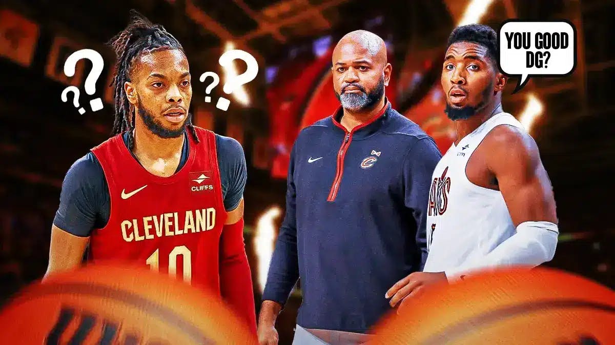 Darius Garland with question marks, Donovan Mitchell and JB Bickerstaff asking him "You good DG?"
