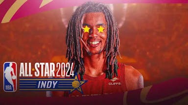 Cavs Emoni Bates with stars in his eyes next to the 2024 NBA All-Star logo