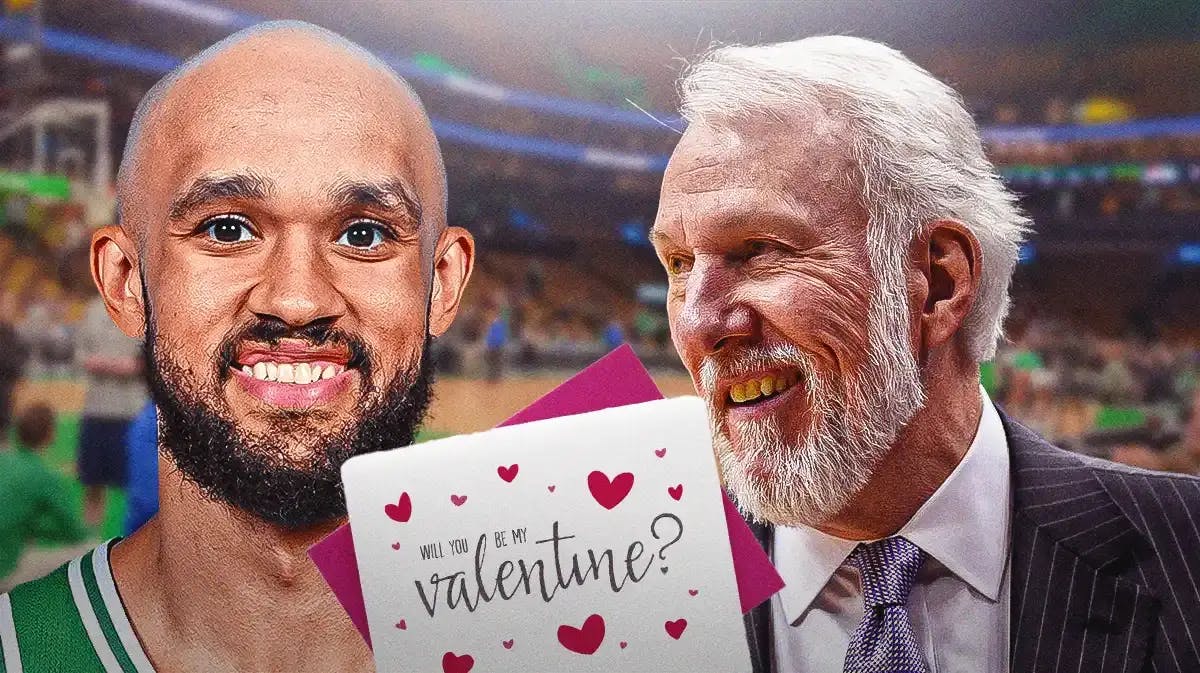 Spurs' Gregg Popovich holding a will you be my valentine card in front of a smiling Celtics' Derrick White