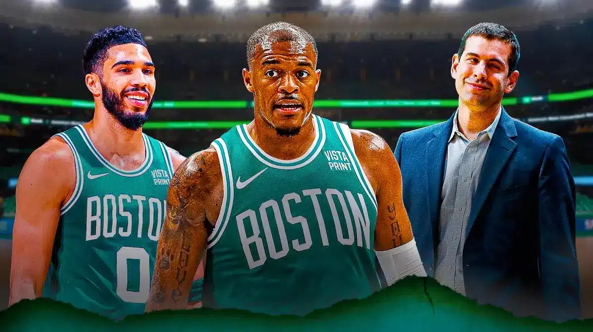 Celtics' Jayson Tatum smiling on the left, with Xavier Tillman Sr. in a Celtics uni in the middle, with Brad Stevens smiling on the right