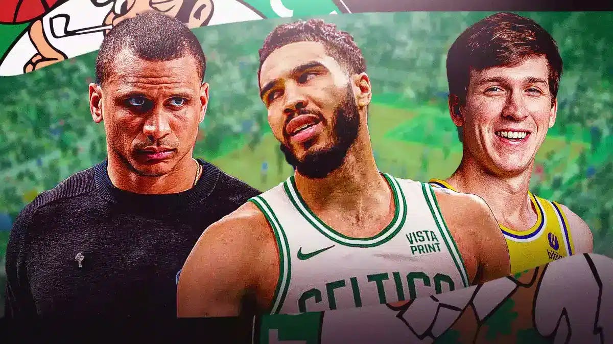 Celtics' Joe Mazzulla and Jayson Tatum looking angry, with Lakers' Austin Reaves laughing beside them