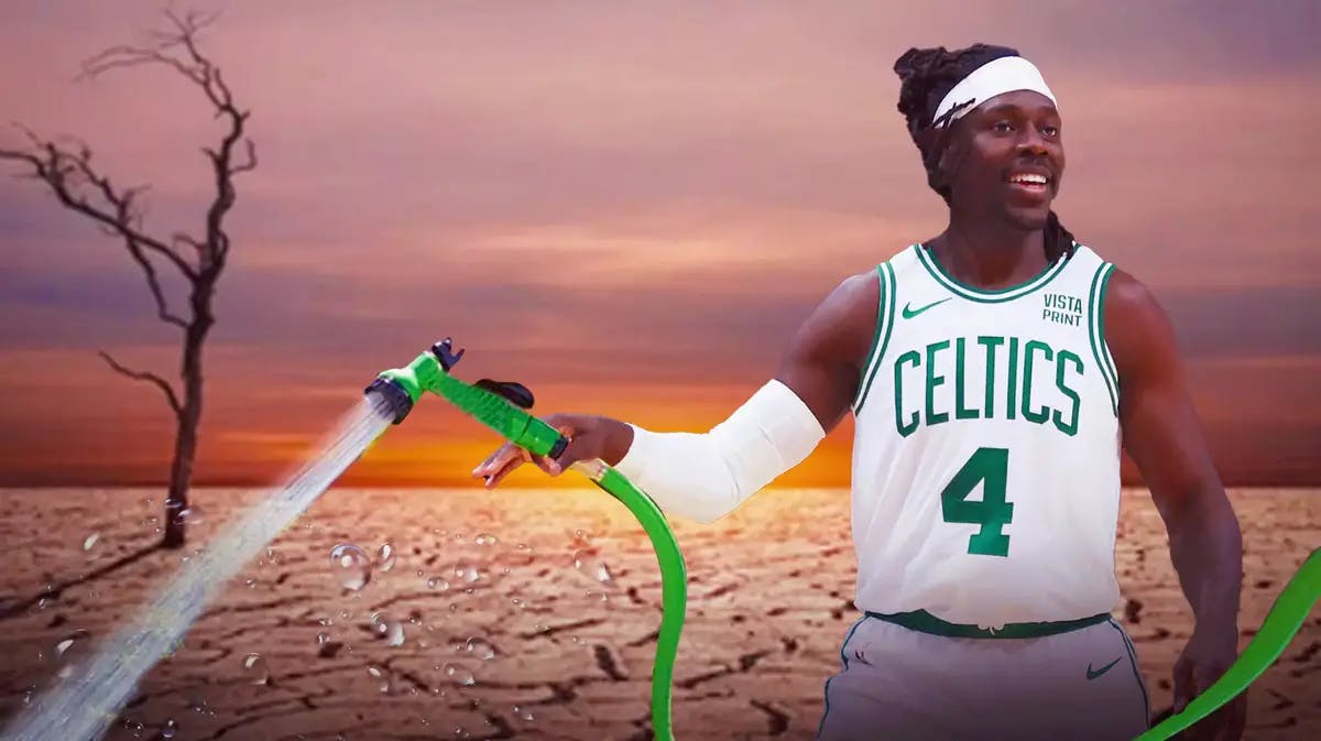 Celtics' Jrue Holiday holding a water hose over dry, cracked land