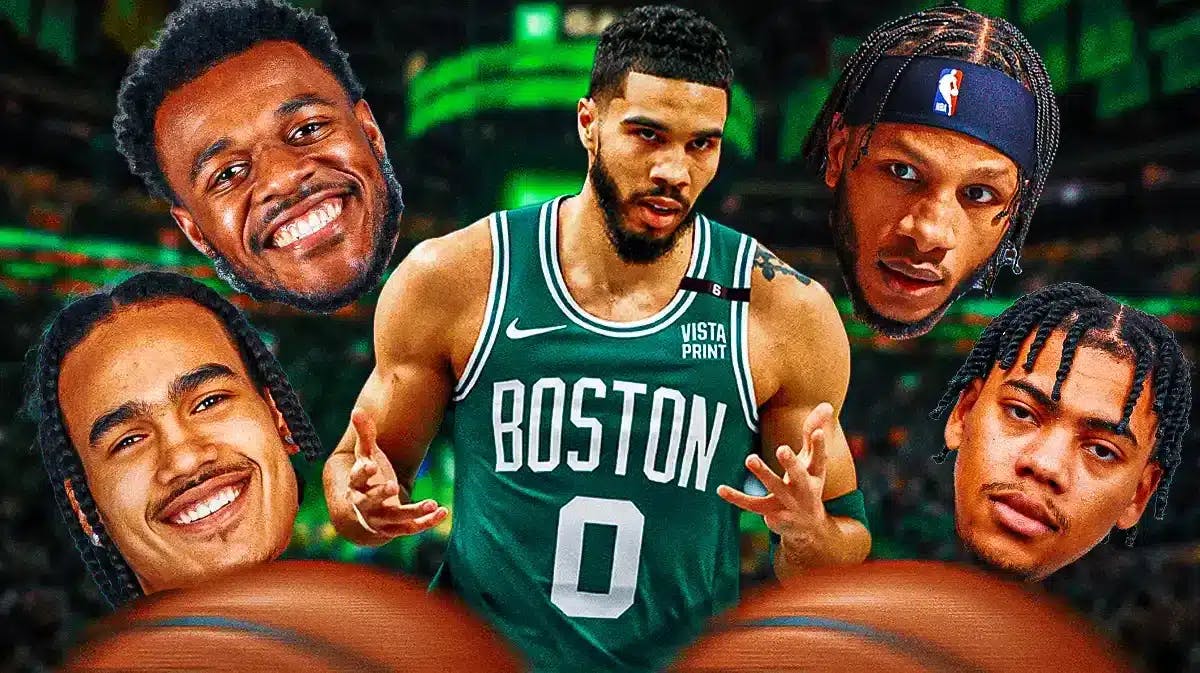 Celtics' Jayson Tatum in the middle, with heads of Lamar Stevens, Xavier Tillman Sr., Jaden Springer, and Dalano Banton all over him