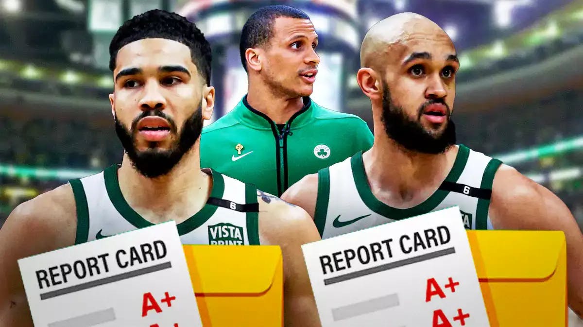 mage idea: Derrick White and Jayson Tatum holding report cards with an “A” grade on them. they can be on a classroom background and joe mazzulla can be smiling in between them