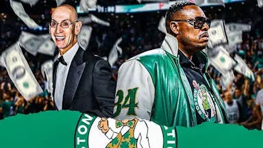Paul Pierce (current) in the middle looking serious, with Adam Silver on the left and money falling from the sky