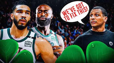 Jayson Tatum and Jaylen Brown on one side, Joe Mazzulla on the other side with a speech bubble that says “We’ve got to fix this!” NBA All-Star break