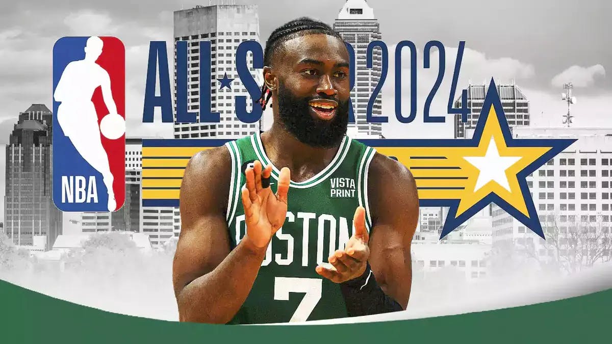 Celtics Jaylen Brown in front of the 2024 NBA All-Star Game logo at the Indianapolis skyline