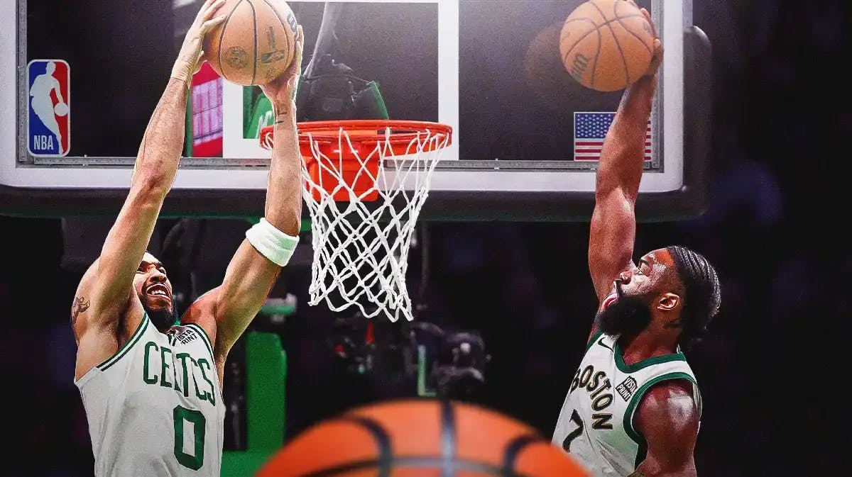 Celtics' Jayson Tatum and Jaylen Brown dunking on the same basket