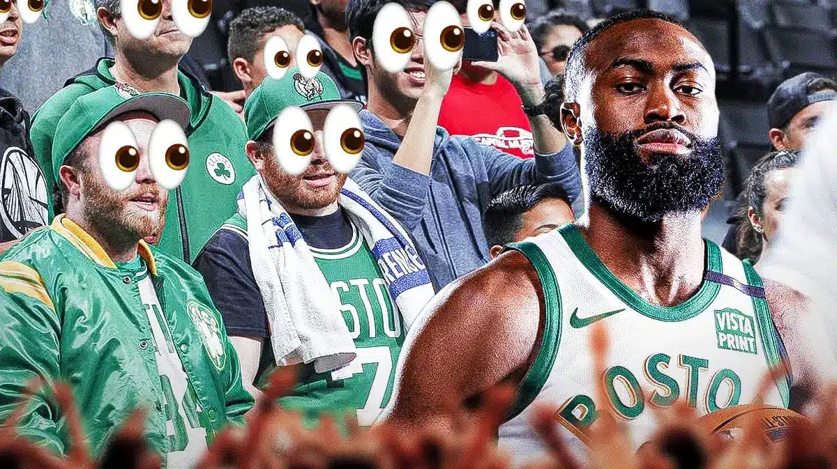 Jaylen Brown on one side, a bunch of Boston Celtics fans on the other side with the big eyes emoji over their faces