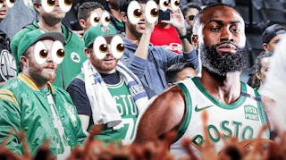 Jaylen Brown on one side, a bunch of Boston Celtics fans on the other side with the big eyes emoji over their faces