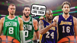 Celtics: Jayson Tatum telling Kristaps Porzingis: saying "We're just like them" next to Kobe Bryant and Pau Gasol.