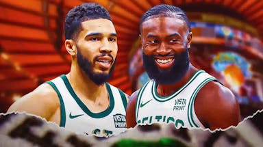 Celtics' Jayson Tatum and Jaylen Brown smiling on a Madison Square Garden background