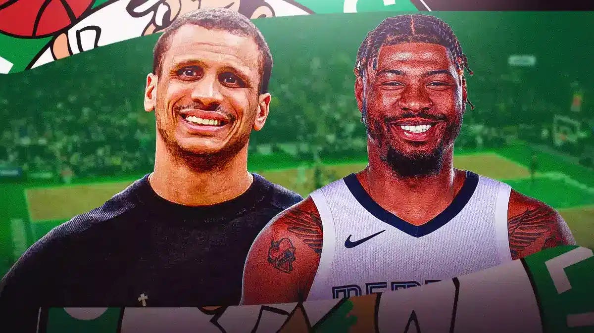 Joe Mazzulla smiling next to a smiling Marcus Smart (in a grizzlies jersey) on a TD Garden background.