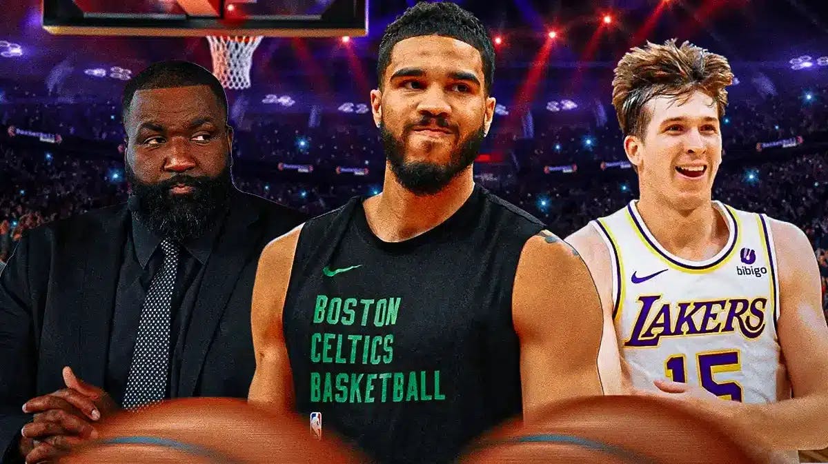 Jayson Tatum in the middle looking angry Kendrick Perkins in a suit and Austin Reaves smiling in a Lakers jersey on either side of Tatum