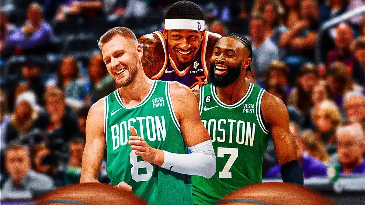 Jaylen Brown and Kristaps Porzingis smiling next to each other (both in celtics jerseys) with a smiling Bradley Beal (wizards jersey) above them.