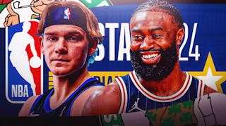 Mac McClung alongside Jaylen Brown with the 2024 NBA All-Star logo in the background, Celtics Dunk Contest