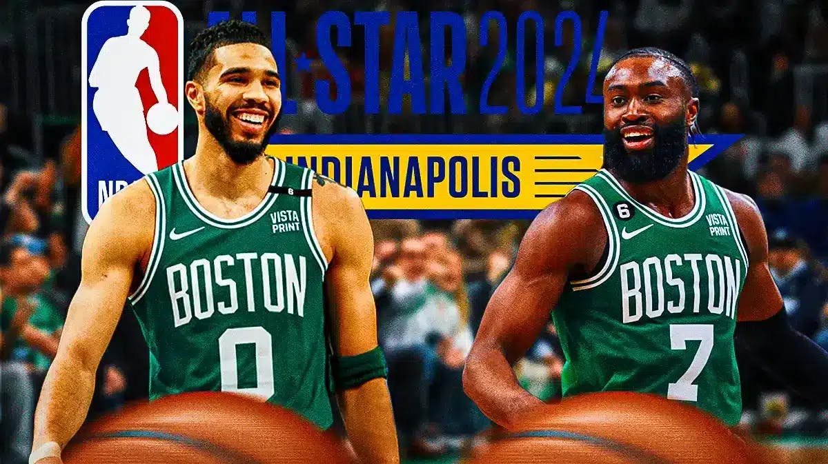 Celtics players Jayson Tatum and Jaylen Brown looking at each other with an NBA All-Star logo.