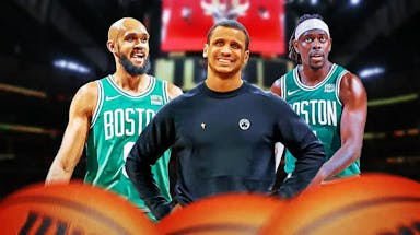 Jrue Holiday and Derrick White smiling in Celtics jerseys with Joe Mazzulla in between them. Can be on a Chicago Bulls arena background.
