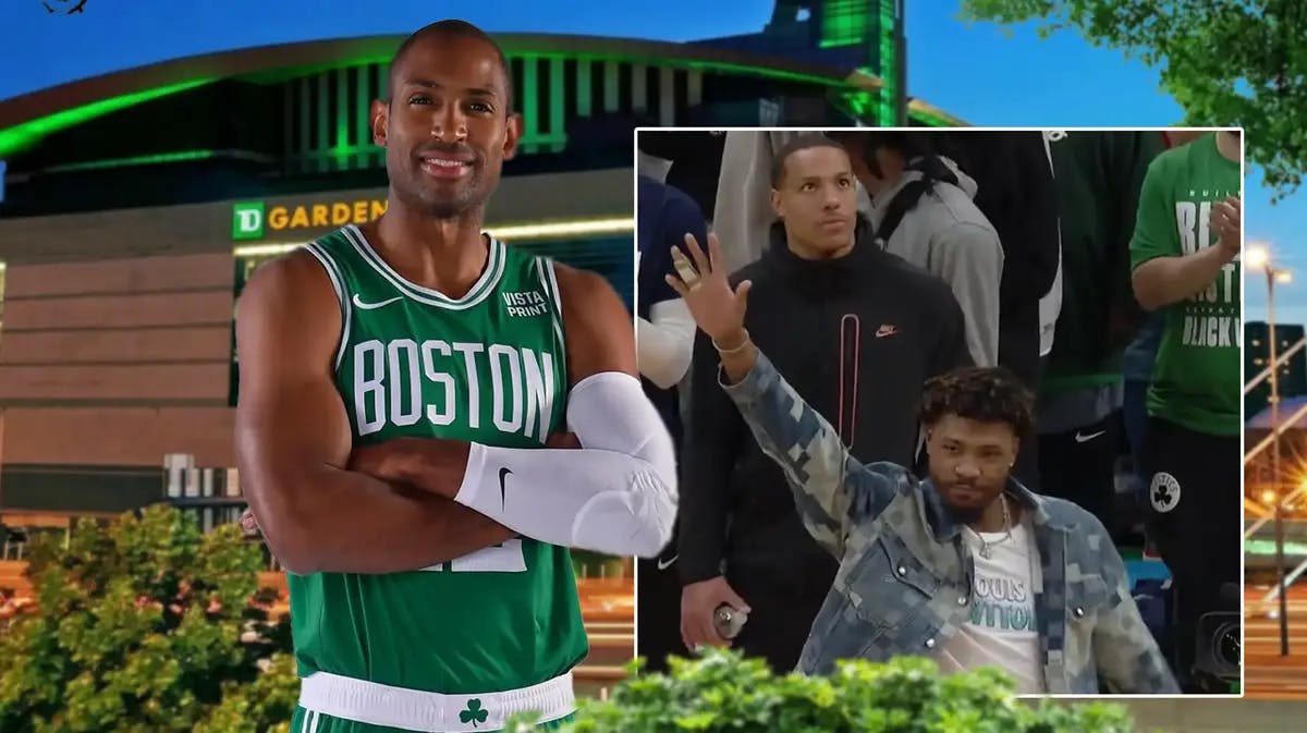 Al Horford smiling in Boston Celtics jersey. Marcus Smart return to TD Garden