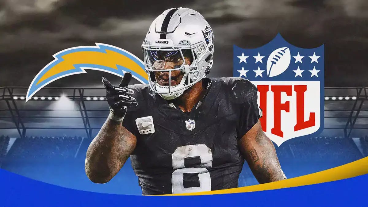 Raiders' Josh Jacobs stands next to LA Chargers logo and NFL Free Agency logo