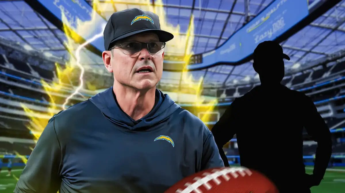 Chargers' Jim Harbaugh next to a silhouette