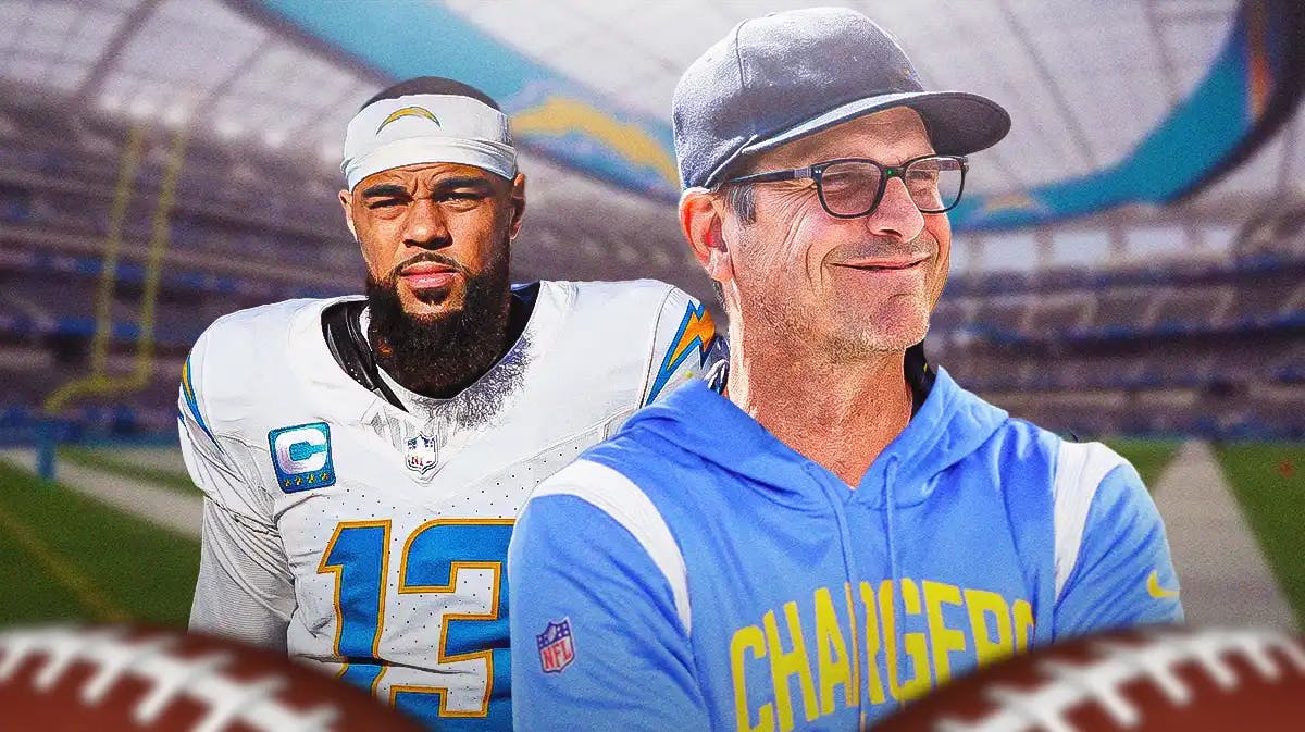 Chargers, Jim Harbaugh, Keenan Allen, Keenan Allen Chargers, Jim Harbaugh Chargers, Keenan Allen and Jim Harbaugh (in Chargers gear) with Chargers stadium in the background