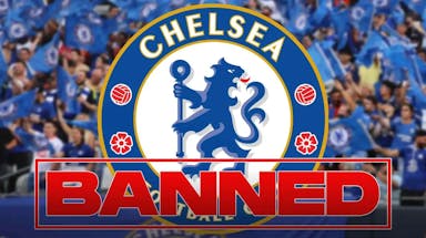 fans in a stadium, the Chelsea logo in front of them, a ‘BANNED’ stamp on the bottom