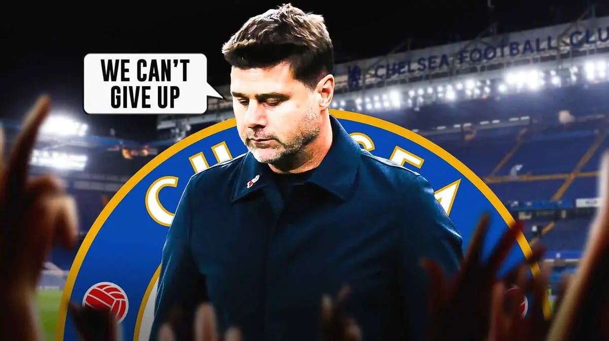 Mauricio Pochettino saying: ‘We can’t give up' in front of the Chelsea logo