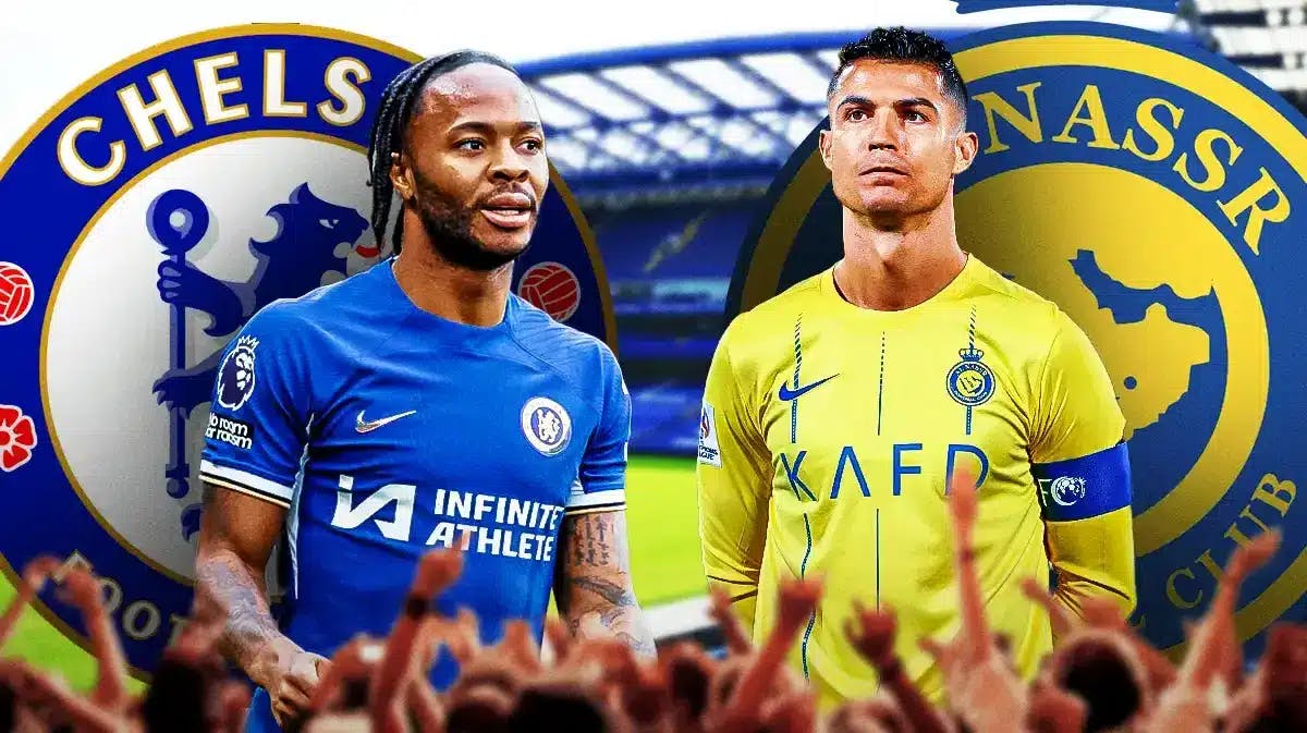 Raheem Sterling and Cristiano Ronaldo in front of the Chelsea and Al-Nassr logos