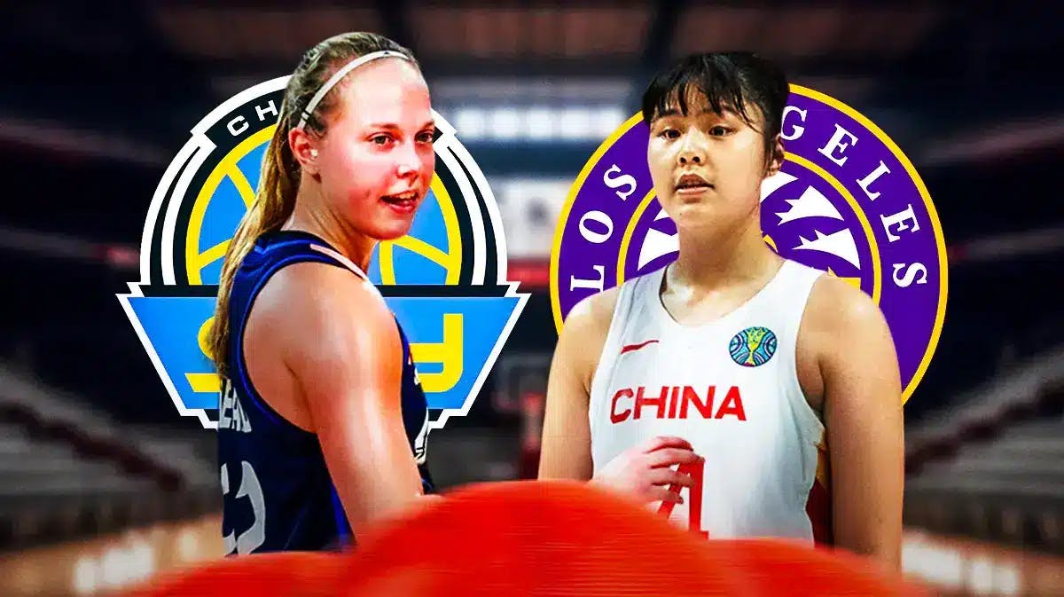 The Chicago Sky logo and Los Angeles Sparks logo, with Chicago Sky players Julie Allemand and Li Yueru