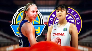 The Chicago Sky logo and Los Angeles Sparks logo, with Chicago Sky players Julie Allemand and Li Yueru