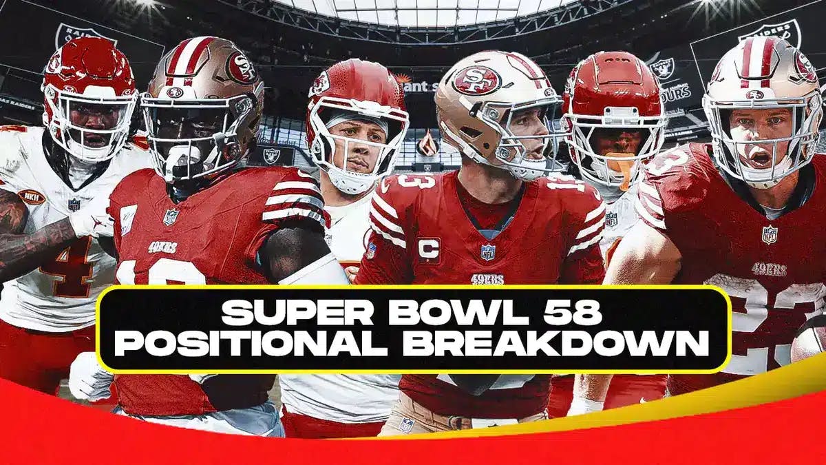 Cutouts of Rashee Rice (Chiefs), Deebo Samuel (49ers), Patrick Mahomes (Chiefs), Brock Purdy (49ers), Isiah Pacheco (Chiefs), and Christian McCaffrey (49ers), with the words Super Bowl 58 Positional Breakdown written at the bottom