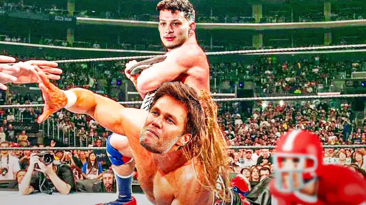 Chiefs' Patrick Mahomes as Kurt Angle putting Tom Brady as Shawn Michaels in the Ankle Lock