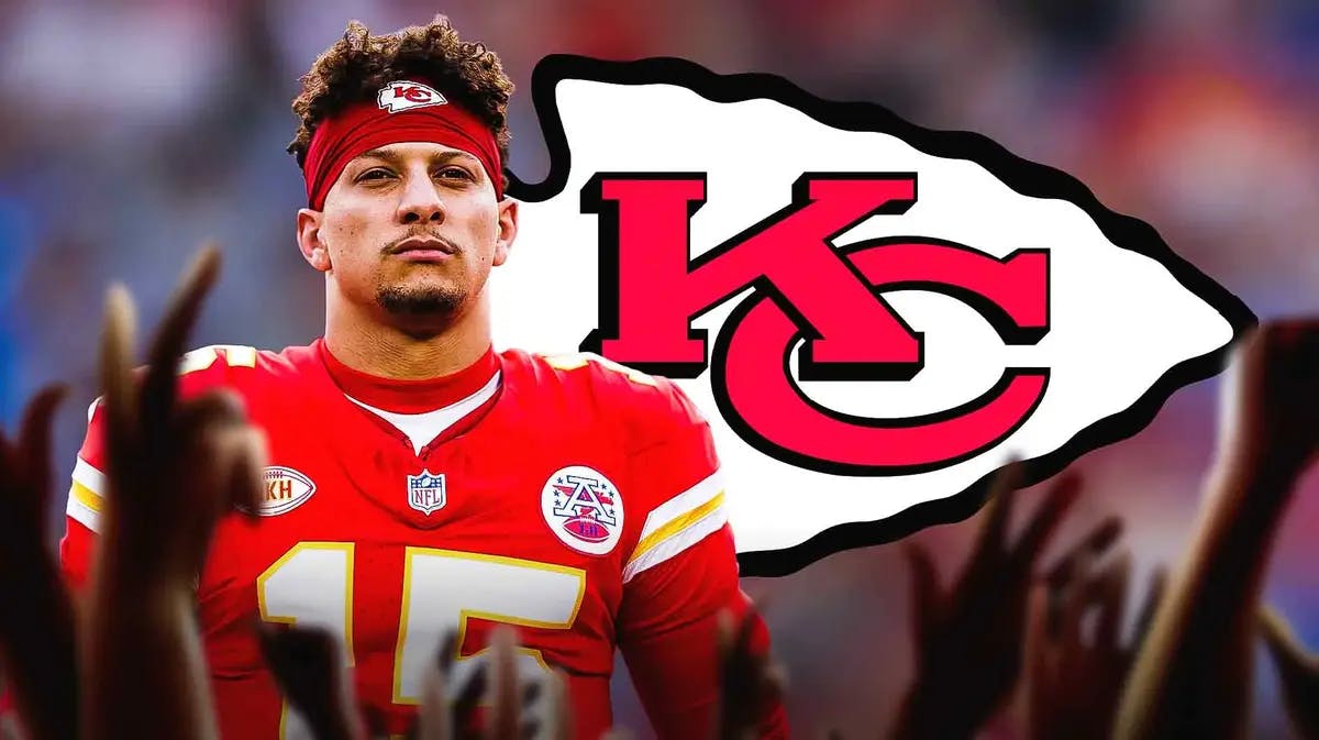 Patrick Mahomes stands in front of Kansas City Chiefs logo after 49ers-Super Bowl win