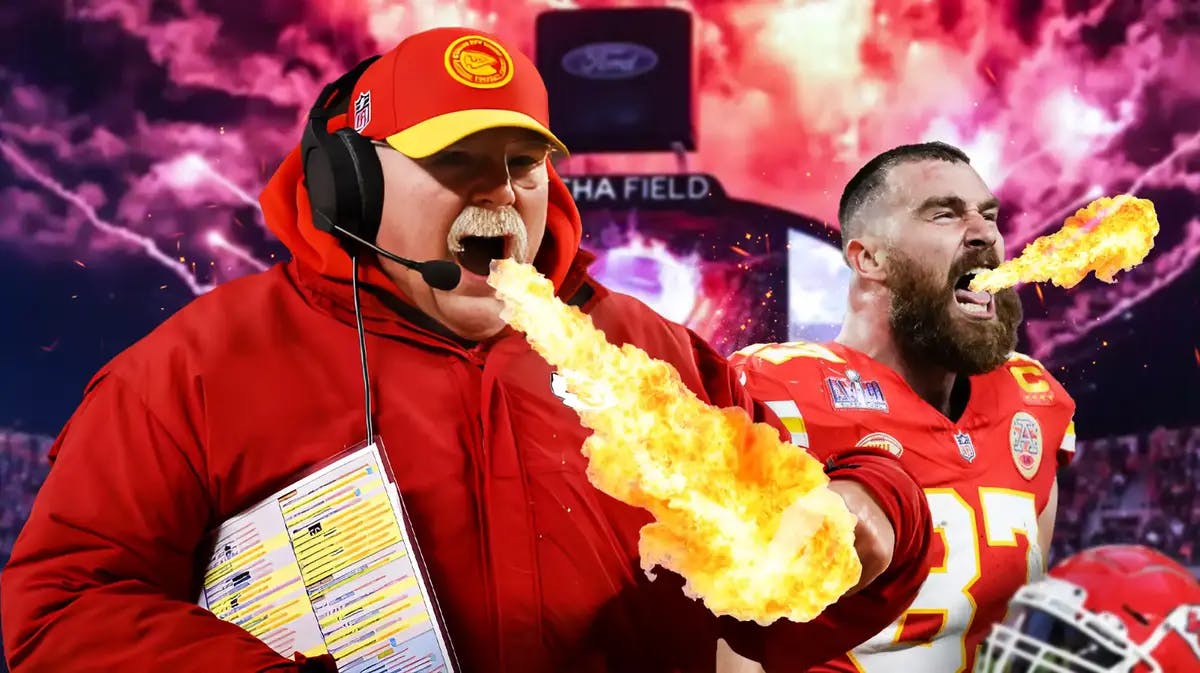 Chiefs' Andy Reid and Travis Kelce with fire coming out their mouths