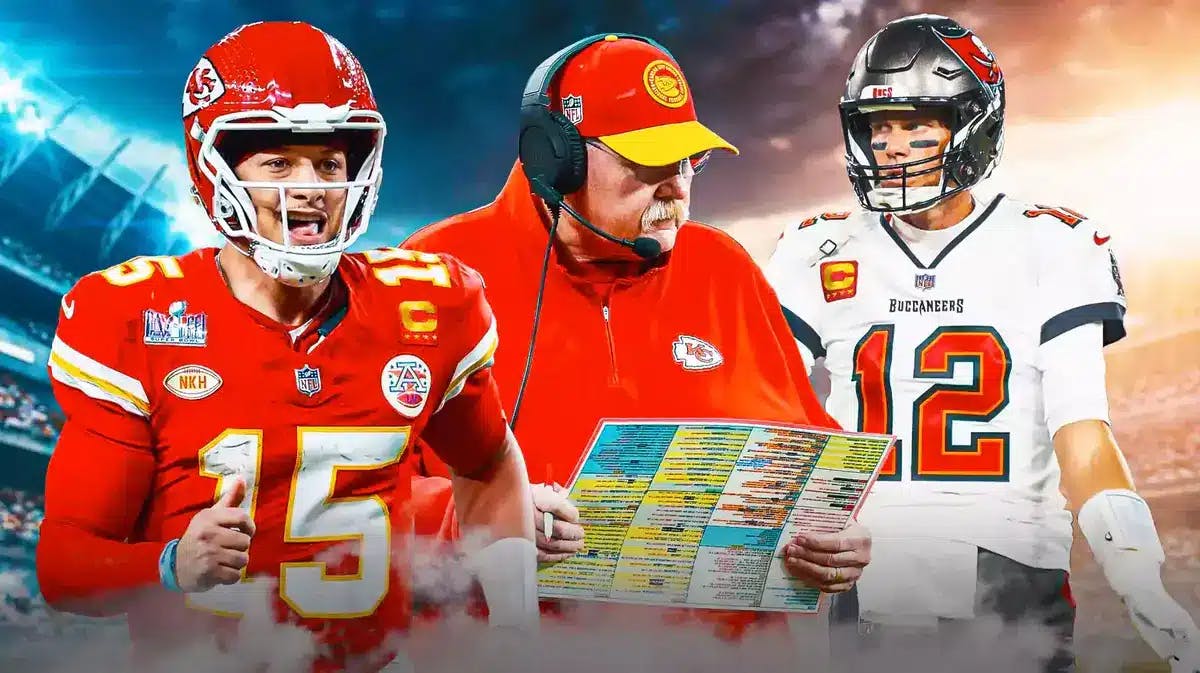 Chiefs Andy Reid and Patrick Mahomes after Super Bow 58 win with Tom Brady