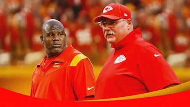 Andy Reid and Eric Bieniemy both in Kansas City Chiefs coaching uniforms