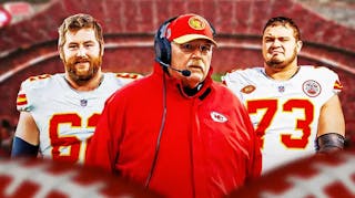 Kansas City Chiefs head coach Andy Reid with offensive linemen Joe Thuney and Nick Allegretti