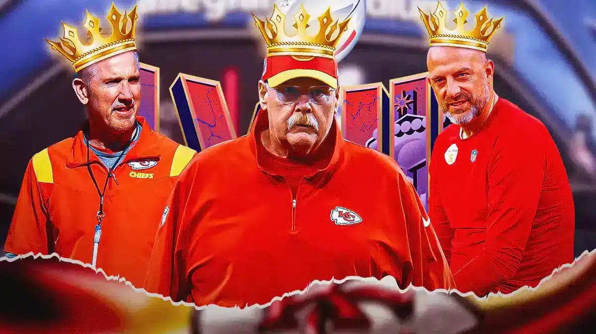 Chiefs Andy Reid, Steve Spagnuolo, and Matt Nagy after Super Bowl 58 win over 49ers