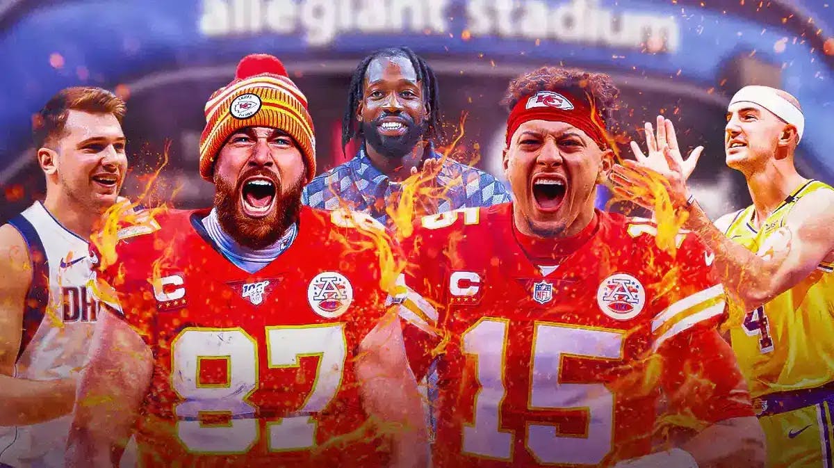 Chiefs' Patrick Mahomes and Travis Kelce in the middle with fire aura. Luka Doncic, Patrick Beverley and Alex Caruso clapping in the background