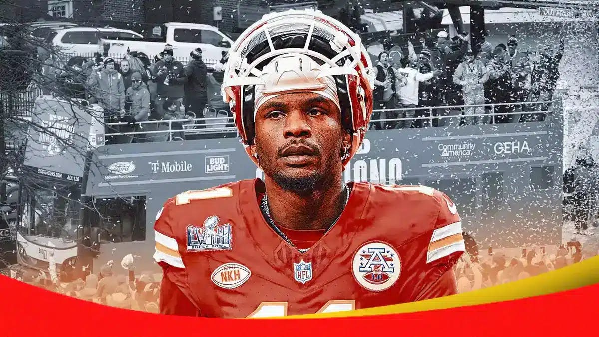 Marquez Valdes-Scantling (Chiefs) looking serious with image of Kansas City Chiefs Super Bowl parade in the background