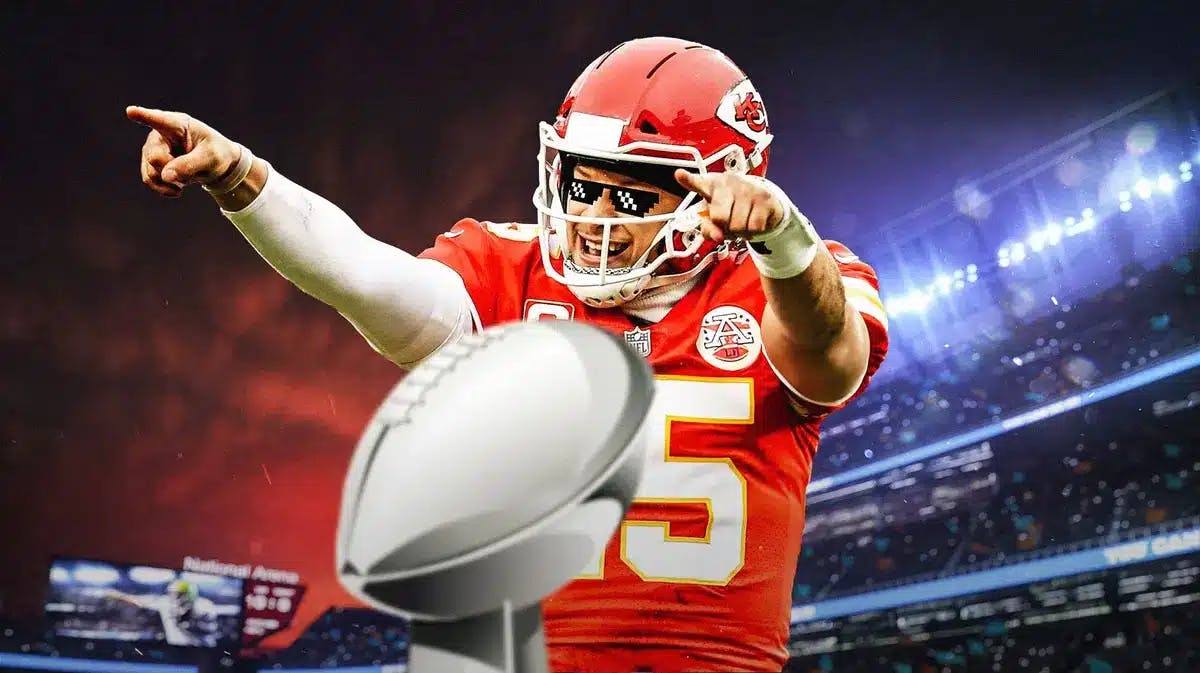 Patrick Mahomes celebarating Super Bowl (Chiefs) and wearing deal with it shades