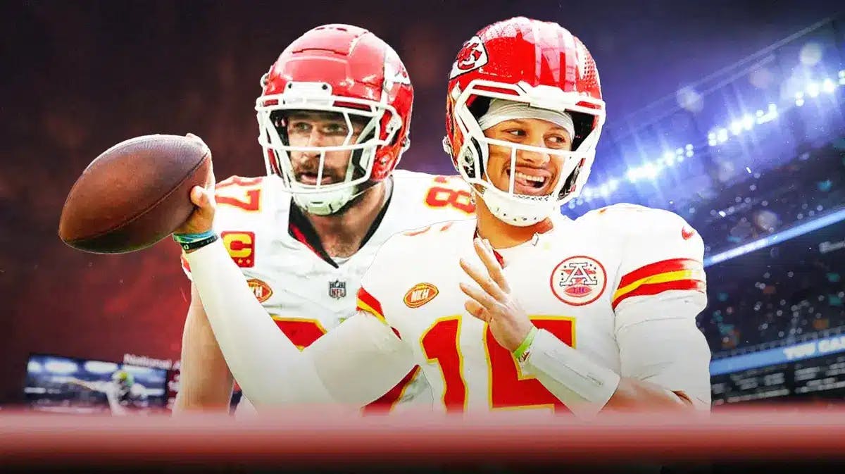 Chiefs' Patrick Mahomes smiles next to Travis Kelce amid his haircut hint, fan await the Super Bowl matchup against the 49ers in the background